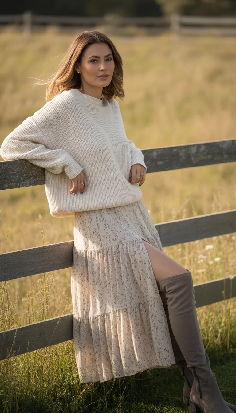 A beautiful 28-year-old woman in a cream oversized sweater, floral tiered skirt, and grey over-the-knee boots, posing by a wooden fence.