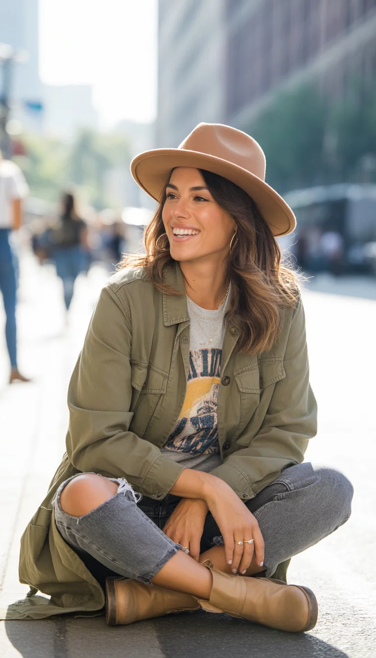 A beautiful 29-year-old woman in a khaki utility jacket, graphic tee, ripped grey jeans, and a tan fedora, wearing tan ankle boots and smiling.