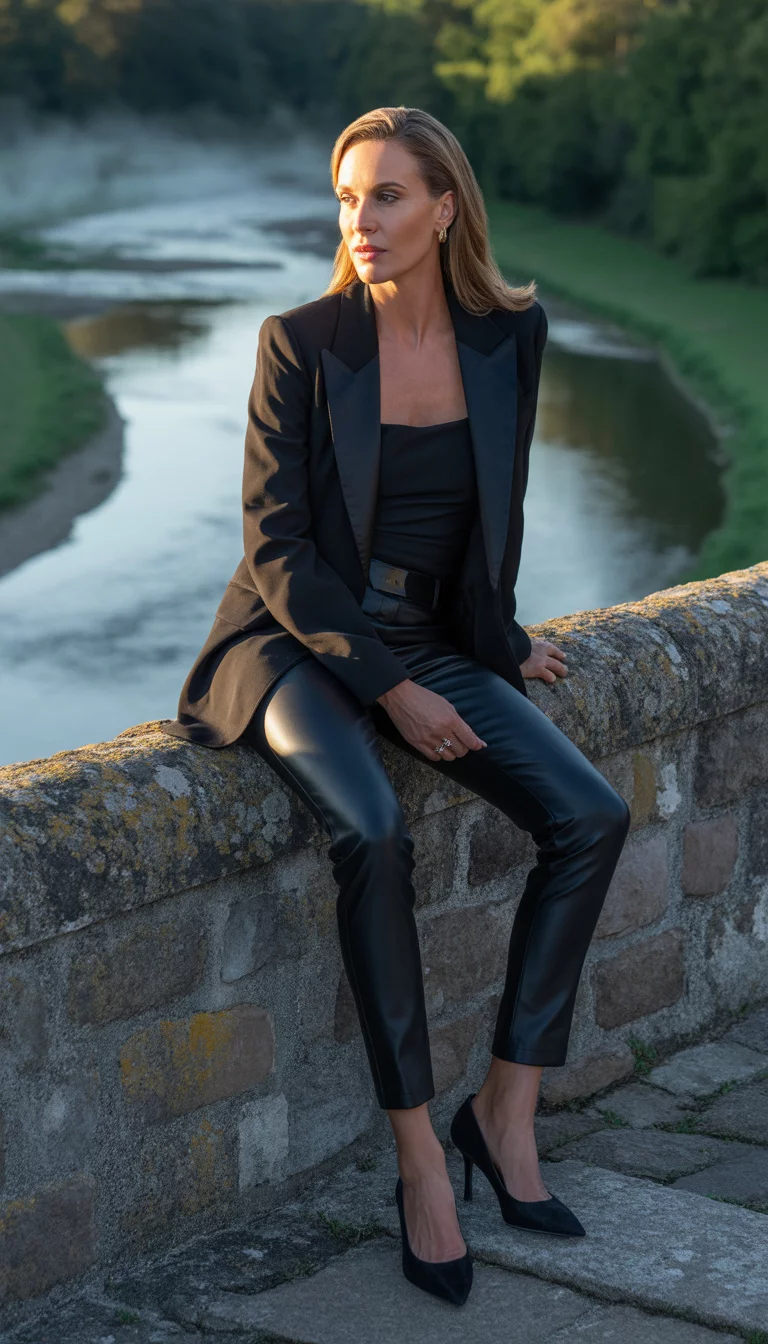 A beautiful 32-year-old woman in a black blazer, black top, and black faux leather pants with black heels, sitting on a stone wall overlooking a river.