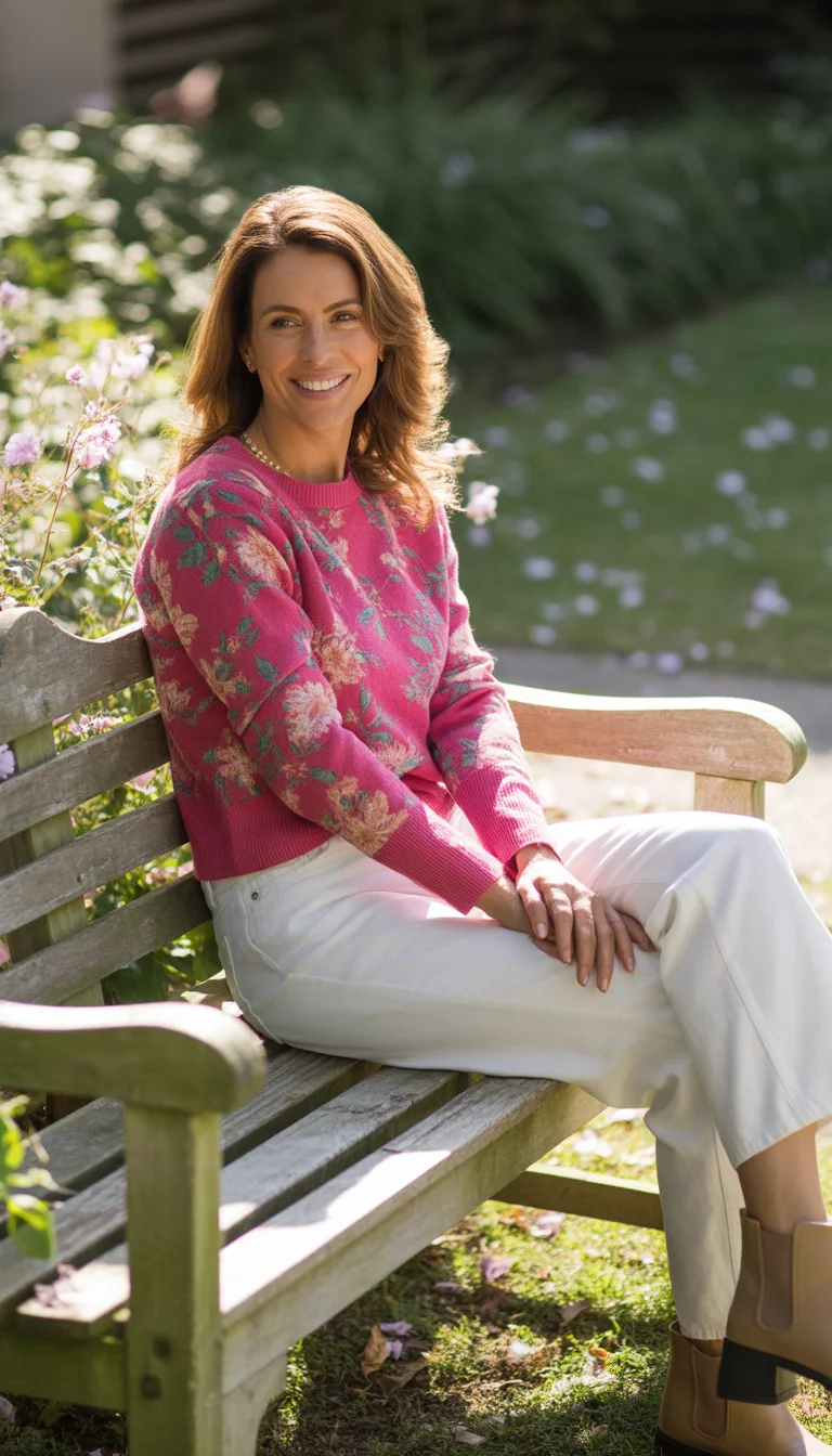 A beautiful 37-year-old woman in a pink floral sweater, white jeans, and tan ankle boots, she sits on a wooden bench outdoors and smiles.