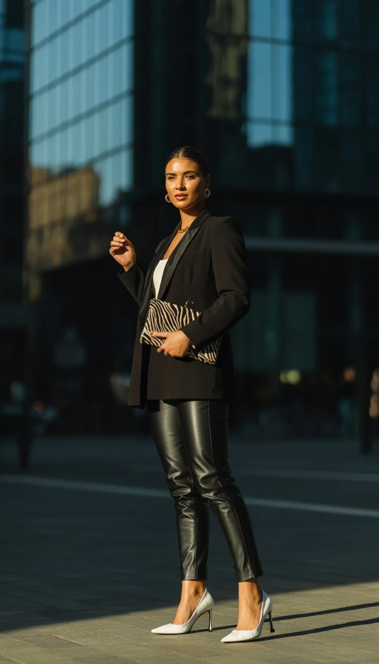 A beautiful 33-year-old woman in a black blazer, black leather-look pants, white pointed-toe heels, and carrying a zebra-print clutch.