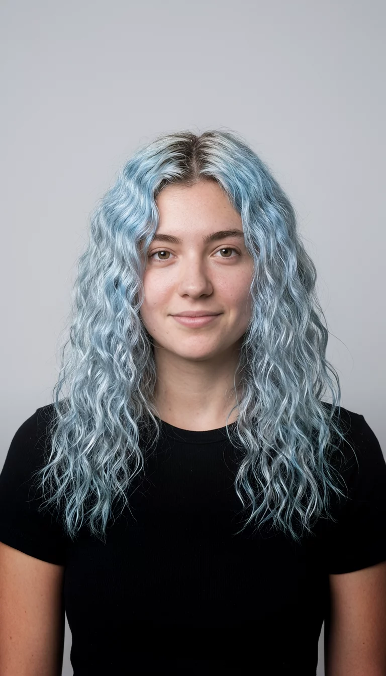 casual photo of a 24-year-old woman wearing a black top with a wavy light blue and silver hair colored front view hairstyle, front view, studio background