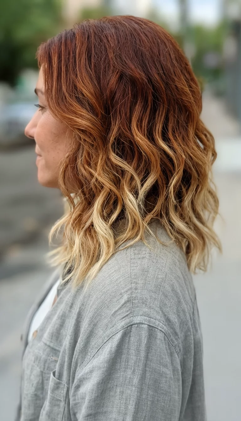 casual photo of a 28-year-old woman wearing a casual shirt with a wavy auburn hair with blonde highlights colored shoulder view hairstyle, side view, out-of-focus background