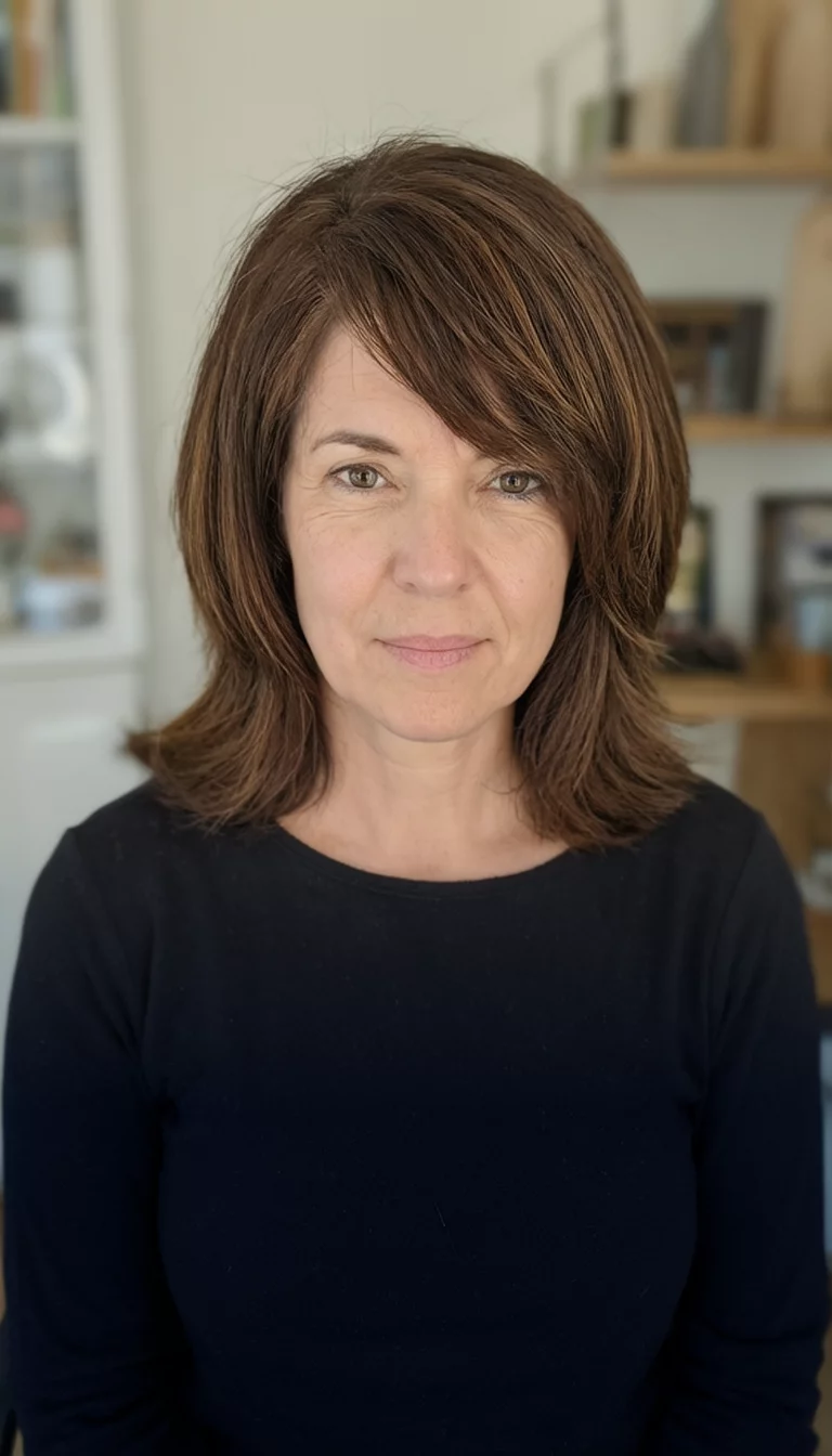 casual photo of a 41-year-old woman wearing a black top with a shoulder-length brown hair styled with layers colored front view hairstyle, front view, indoor background