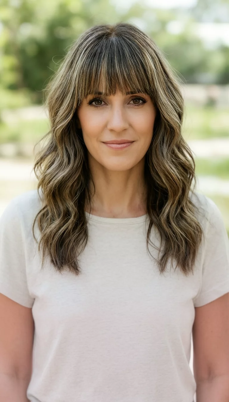 casual photo of a 38-year-old woman wearing a simple top with a highlighted hair with bangs colored wavy hairstyle, front view, blurred background