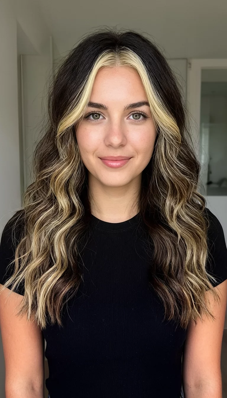 casual photo of a 25-year-old woman wearing a black top with a dark brown wavy hair and prominent blonde highlights colored front view hairstyle, front view, indoor background
