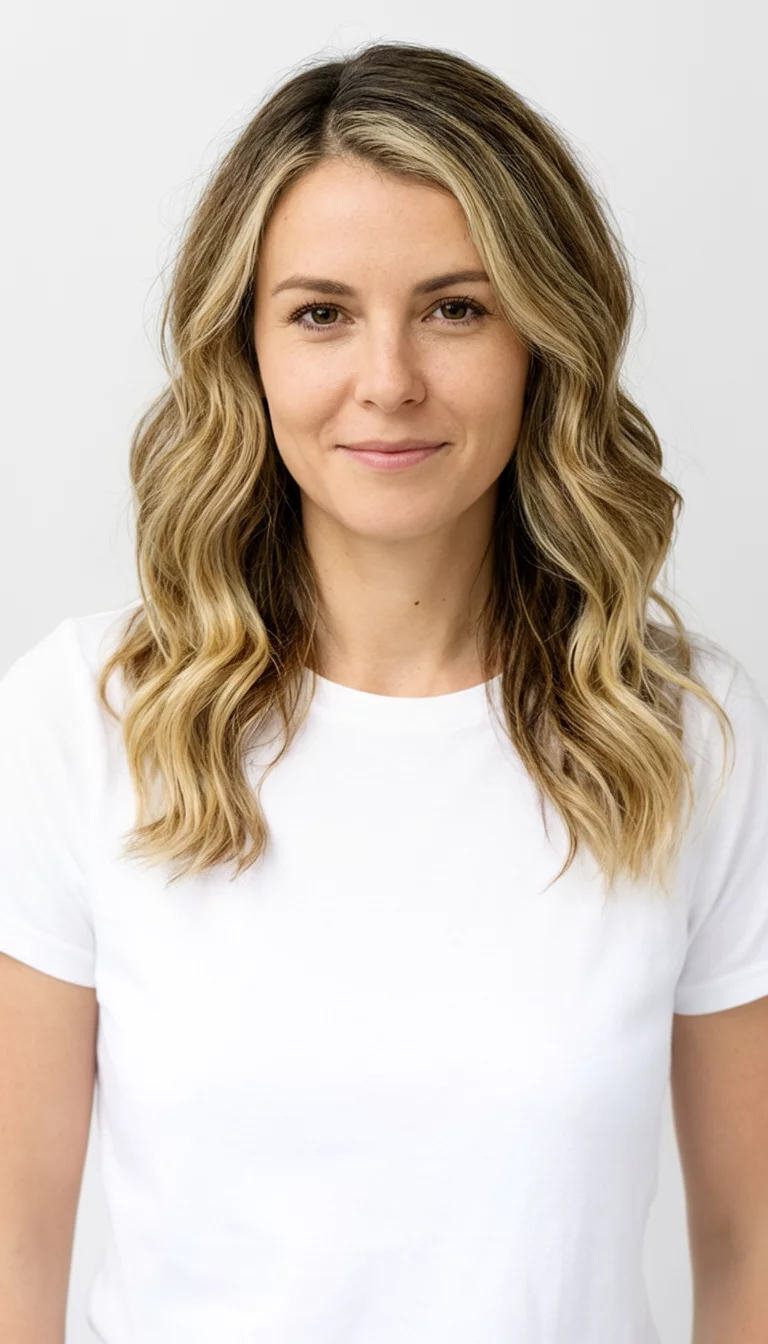 casual photo of a 32-year-old woman wearing a white top with a blonde and brown hair colored wavy hairstyle, front view, clean background