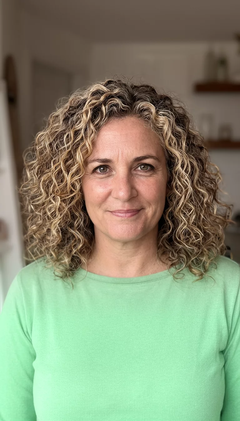 casual photo of a 45-year-old woman wearing a light green top with a blonde-highlighted hair colored voluminous curly hairstyle, front view, indoor portrait background