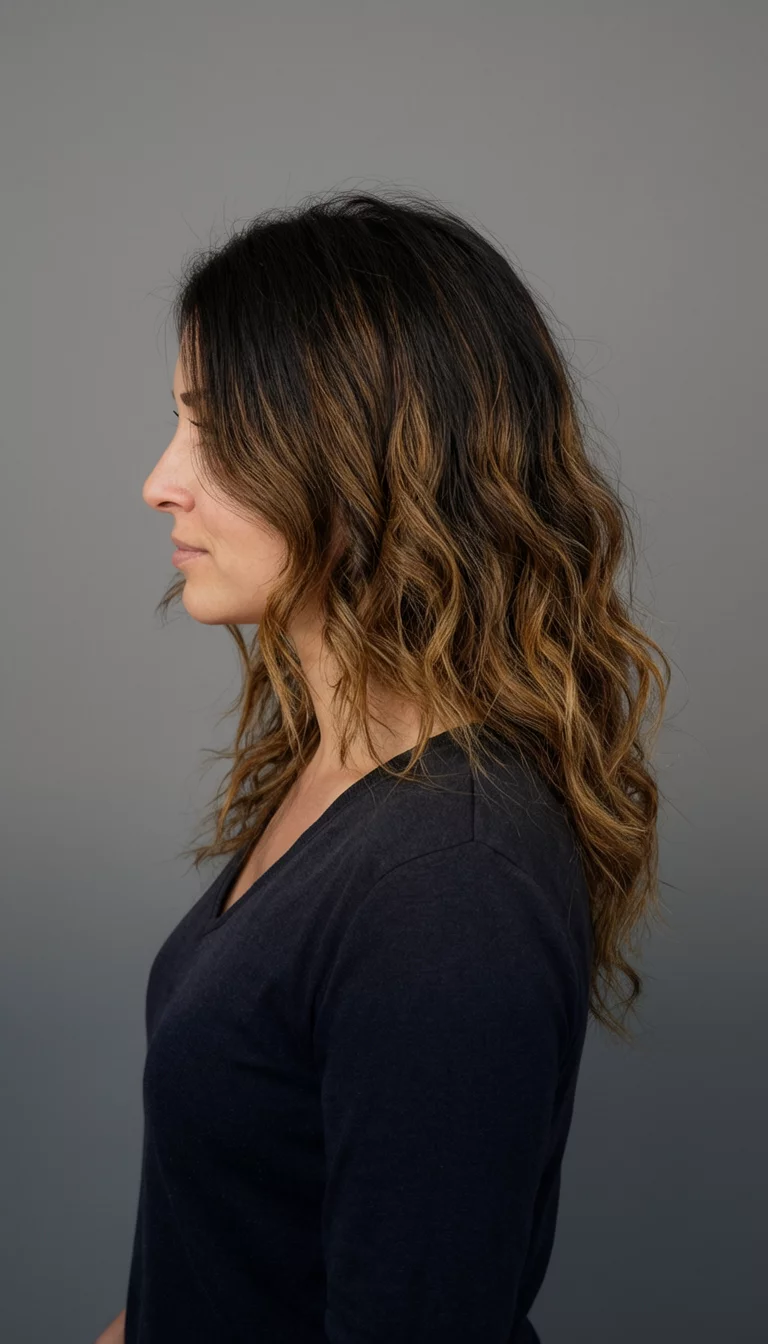 side view of a 33-year-old woman wearing a dark top with a dark roots transitioning to lighter brown ends colored wavy layered hairstyle, side view, gray background