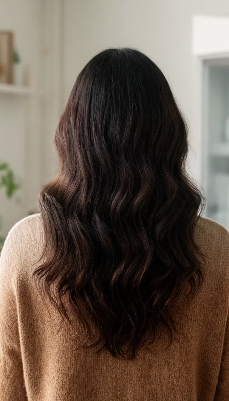 back view of a 26-year-old woman wearing a light brown sweater with a dark brown hair colored long wavy hairstyle, back view, indoor background