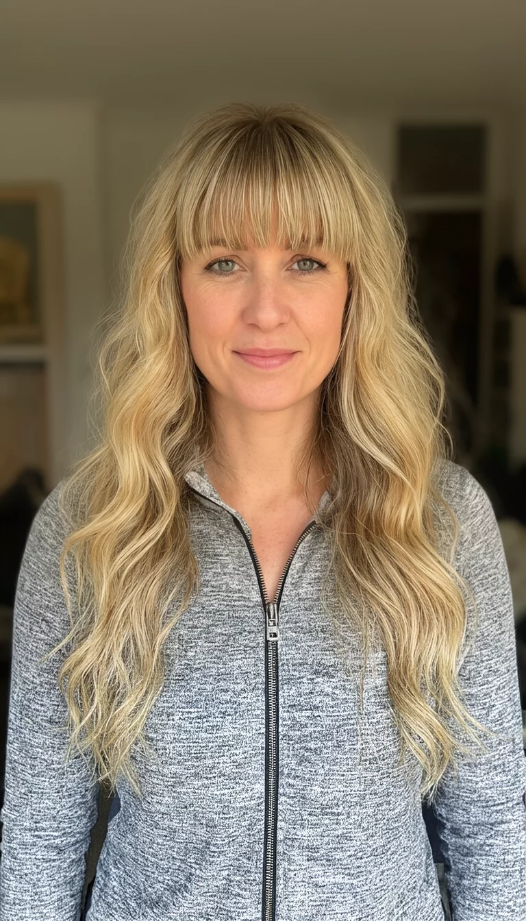 casual photo of a 39-year-old woman wearing a grey zip-up top with a long wavy blonde hair and bangs colored front view hairstyle, front view, indoor background