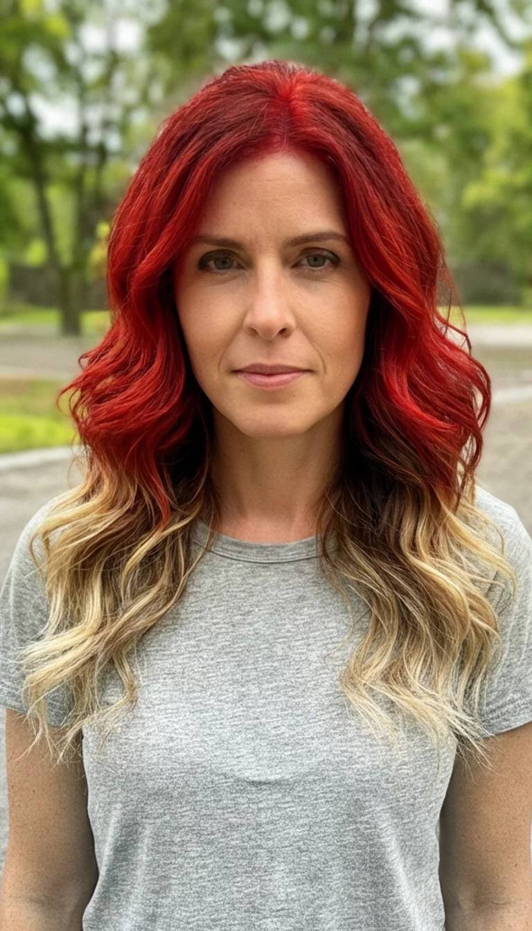 casual photo of a 31-year-old woman wearing a casual top with a fiery red, medium brown, and blonde hair colored wavy hairstyle, front view