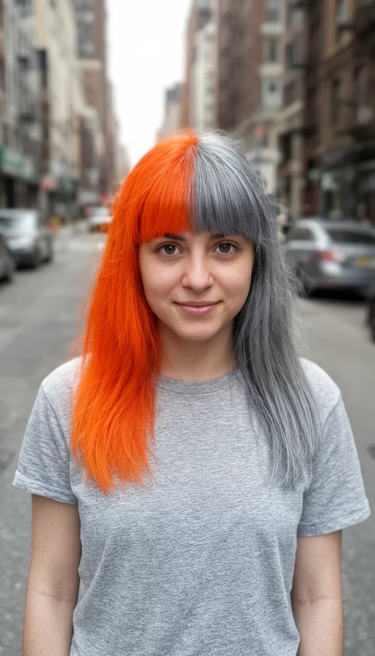 casual photo of a 23-year-old woman wearing a grey shirt with a one side bright orange and the other grey hair with bangs colored front view hairstyle, front view, urban background