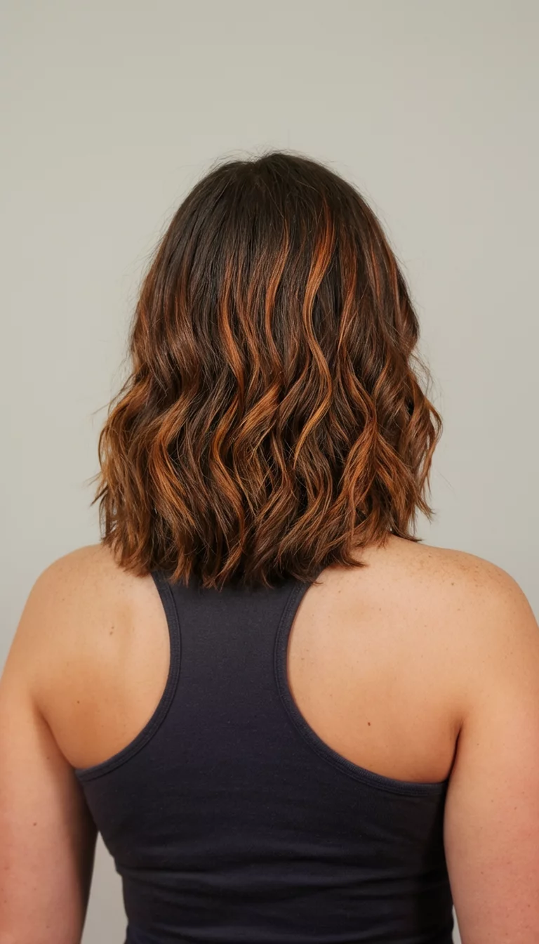 back view of a 36-year-old woman wearing a dark tank top with a medium-length wavy brown hair featuring copper highlights colored back view hairstyle, back view, neutral background