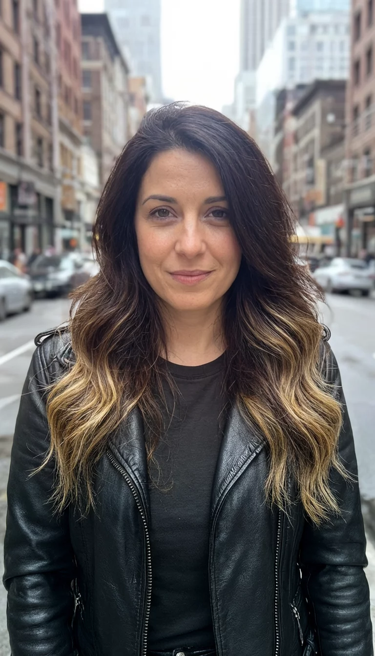 casual photo of a 27-year-old woman wearing a leather jacket with a dark brown hair with subtle blonde highlights colored long wavy hairstyle, front view, city street background