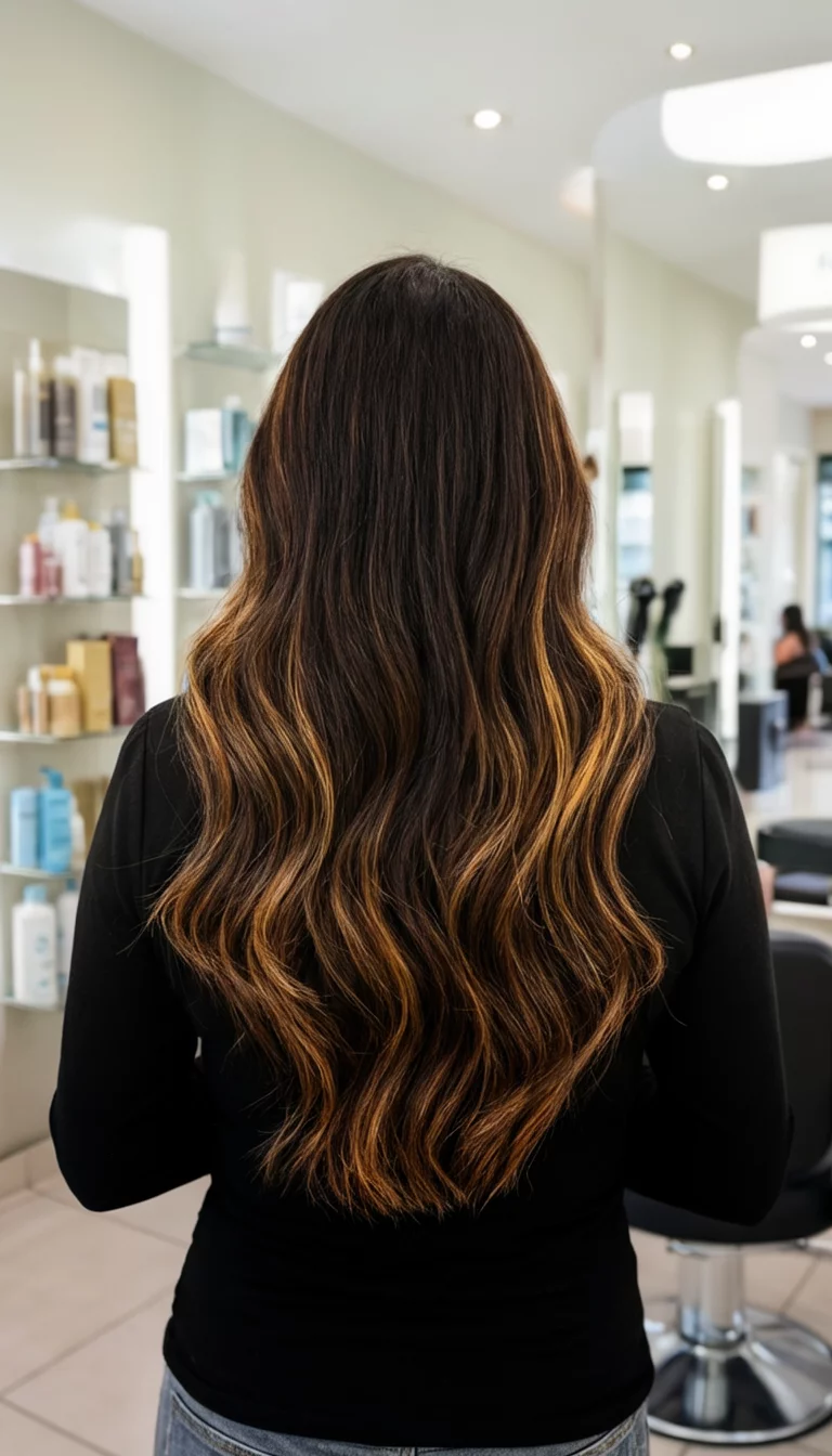 back view of a 42-year-old woman wearing a black top with a dark brown hair featuring caramel highlights colored long wavy hairstyle, back view, salon background