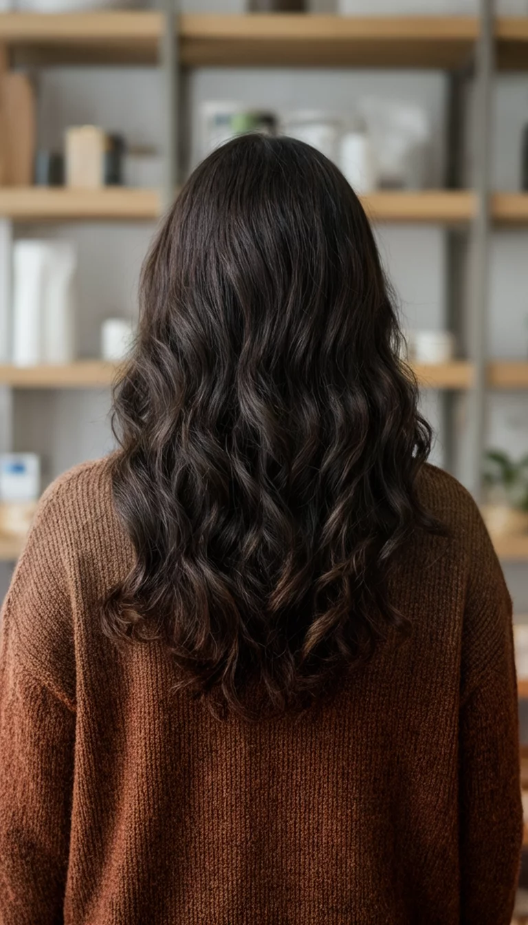 back view of a 30-year-old woman wearing a brown sweater with a dark brown hair colored long wavy hairstyle, back view, shelf background