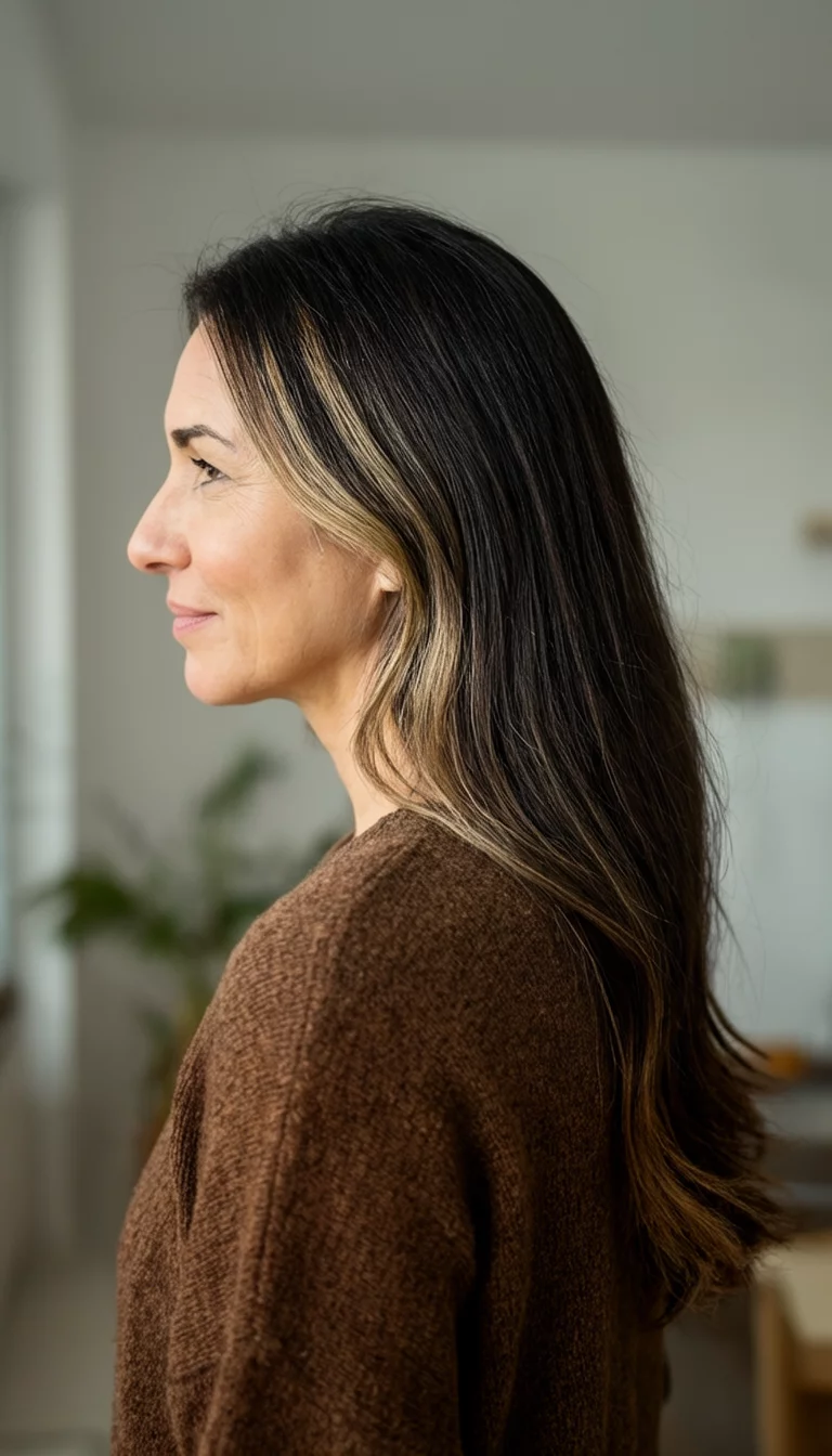 side view of a 35-year-old woman wearing a brown sweater with a long dark brown hair with lighter highlights colored side profile hairstyle, side view, indoor background