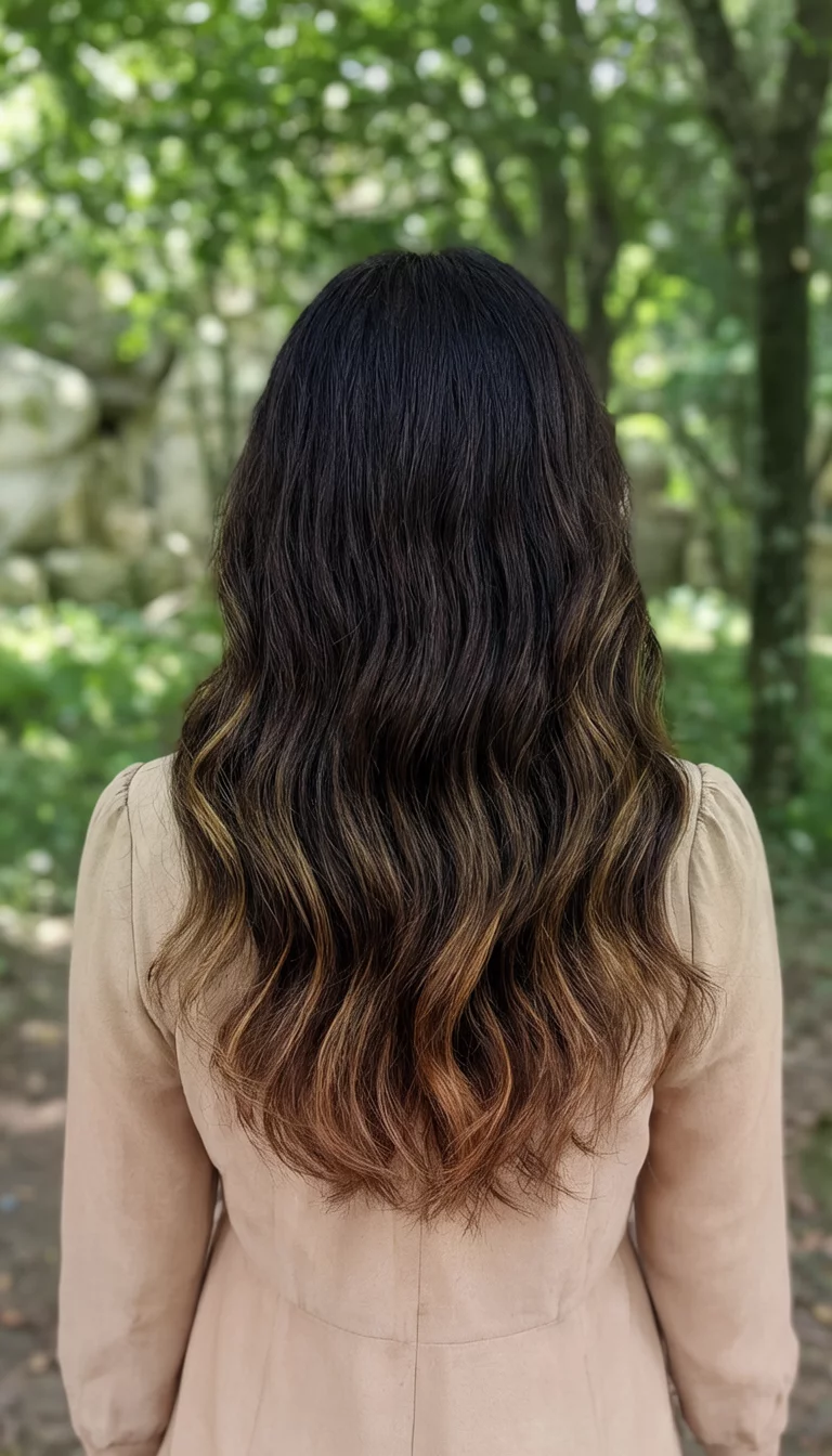 back view of a 22-year-old woman wearing a simple dress with a dark brown hair with subtle lighter brown highlights colored long wavy hairstyle, back view, outdoor background