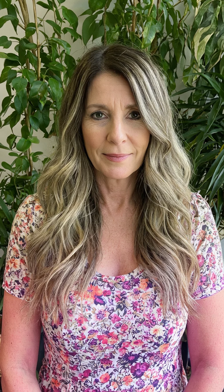 casual photo of a 44-year-old woman wearing a floral top with a long wavy blonde and brown highlighted hair colored front view hairstyle, front view, plant background