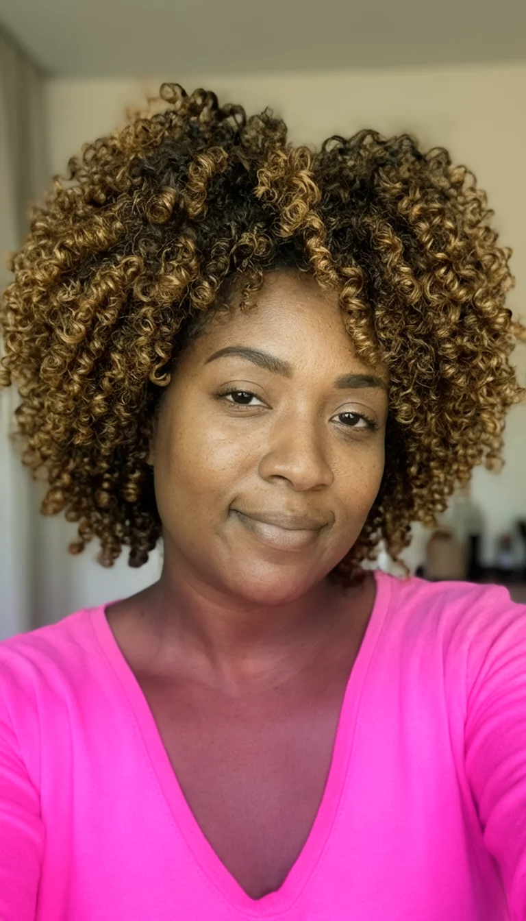 selfie of a 25-year-old black woman wearing a pink top with a brown highlighted colored tightly-curled afro hairstyle, front view, indoor background