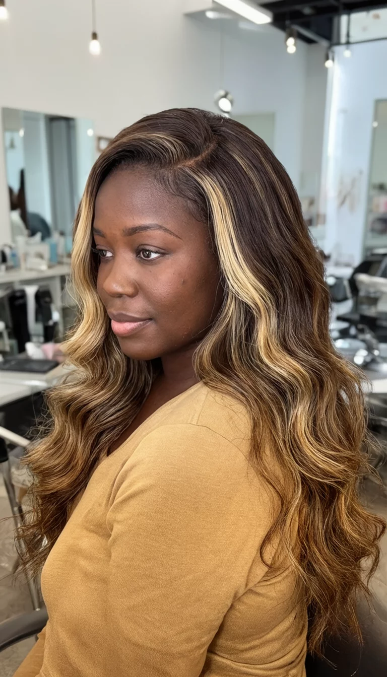 casual photo of a 29-year-old black woman wearing a tan top with a brown hair with blonde highlights colored long wavy hairstyle, side view, salon background