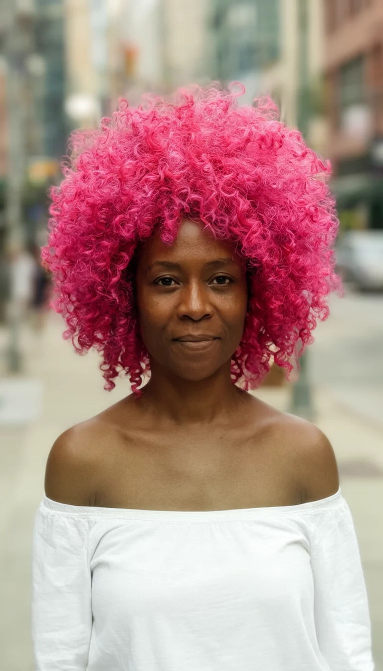 casual photo of a 35-year-old black woman wearing an off-the-shoulder white top with a vibrant pink colored voluminous curly hairstyle, front view, blurred urban background