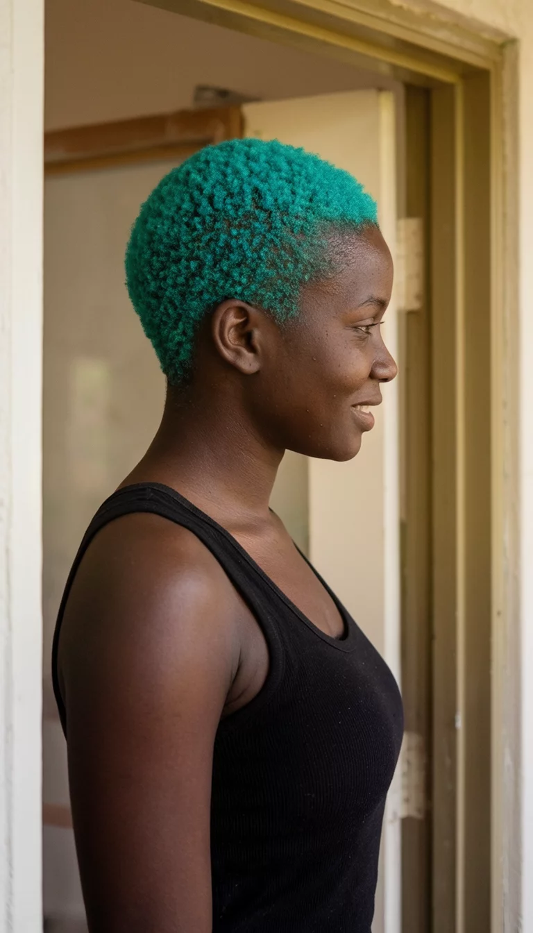 casual photo of a 22-year-old black woman wearing a black tank top with a bright teal colored short textured hairstyle, side view, indoors by a doorway