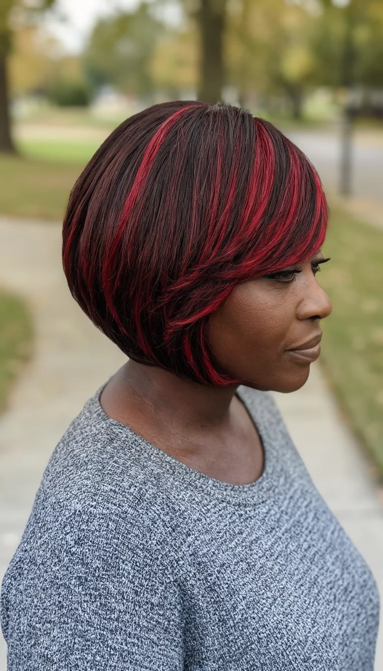 casual photo of a 43-year-old black woman wearing a gray sweater with a dark brown with red highlights colored layered bob hairstyle, side view, outdoor background