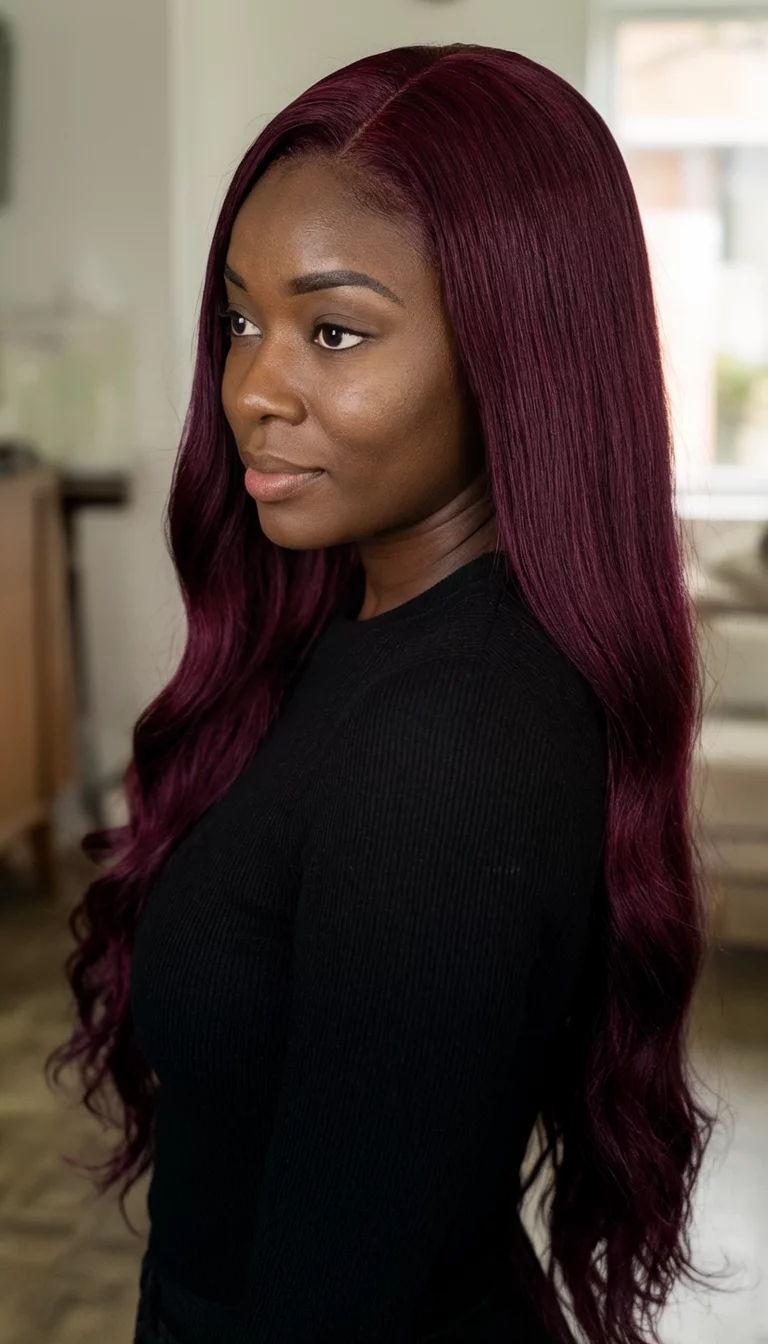 casual photo of a 33-year-old black woman wearing a black top with a deep burgundy colored long straight hair with soft waves hairstyle, ¾ profile, indoor background