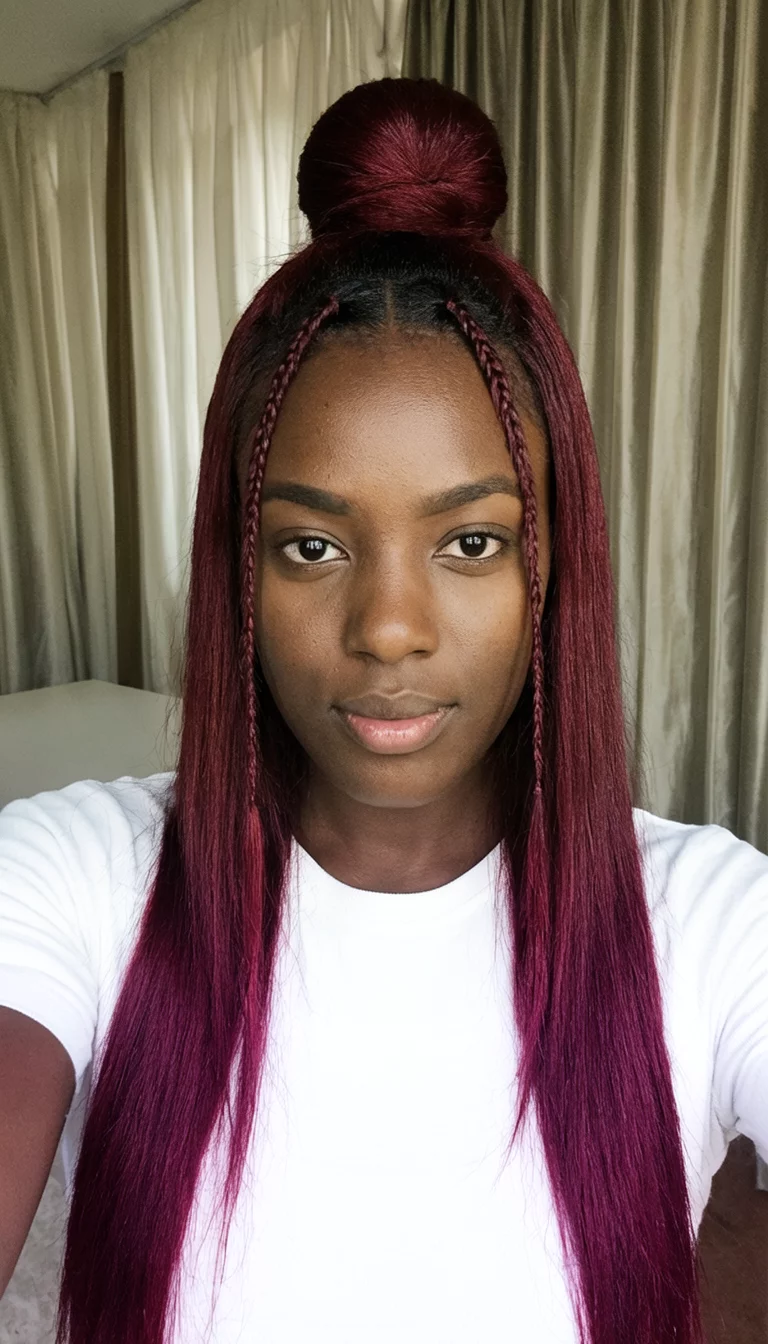 selfie of a 24-year-old black woman wearing a white top with a dark red colored long straight hair with high bun and face framing tendrils hairstyle, front view, room with curtains background