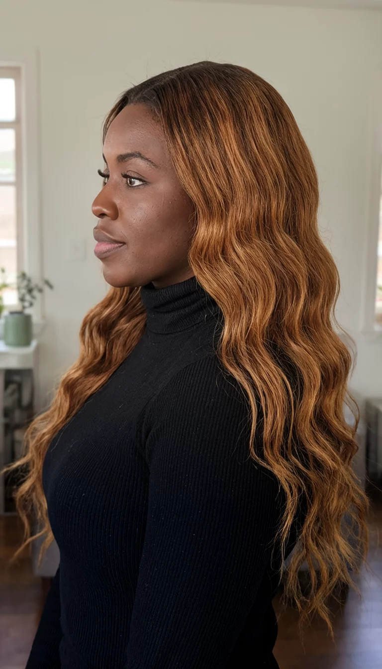 casual photo of a 31-year-old black woman wearing a black turtleneck with a caramel-brown colored long wavy hairstyle, ¾ profile, indoor background