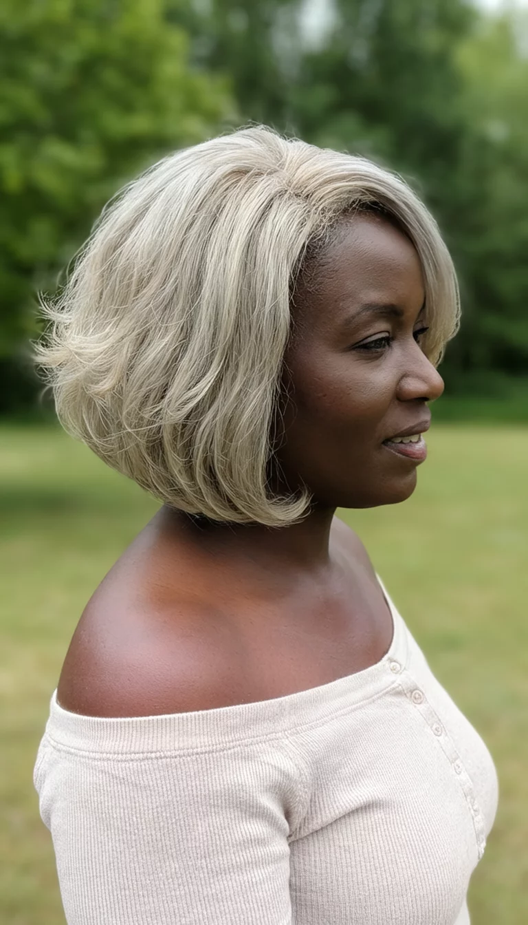 casual photo of a 39-year-old black woman wearing a light-colored off-the-shoulder top with a ash-blonde colored voluminous bob hairstyle, side view, outdoor background