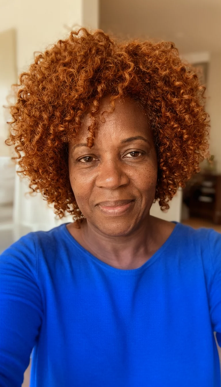 selfie of a 41-year-old black woman wearing a blue top with a curly auburn colored curly hairstyle, front view, indoor background