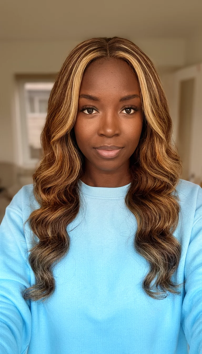 selfie of a 23-year-old black woman wearing a light blue sweatshirt with a chestnut-brown with subtle blonde highlights colored long wavy hairstyle, front view, indoor background
