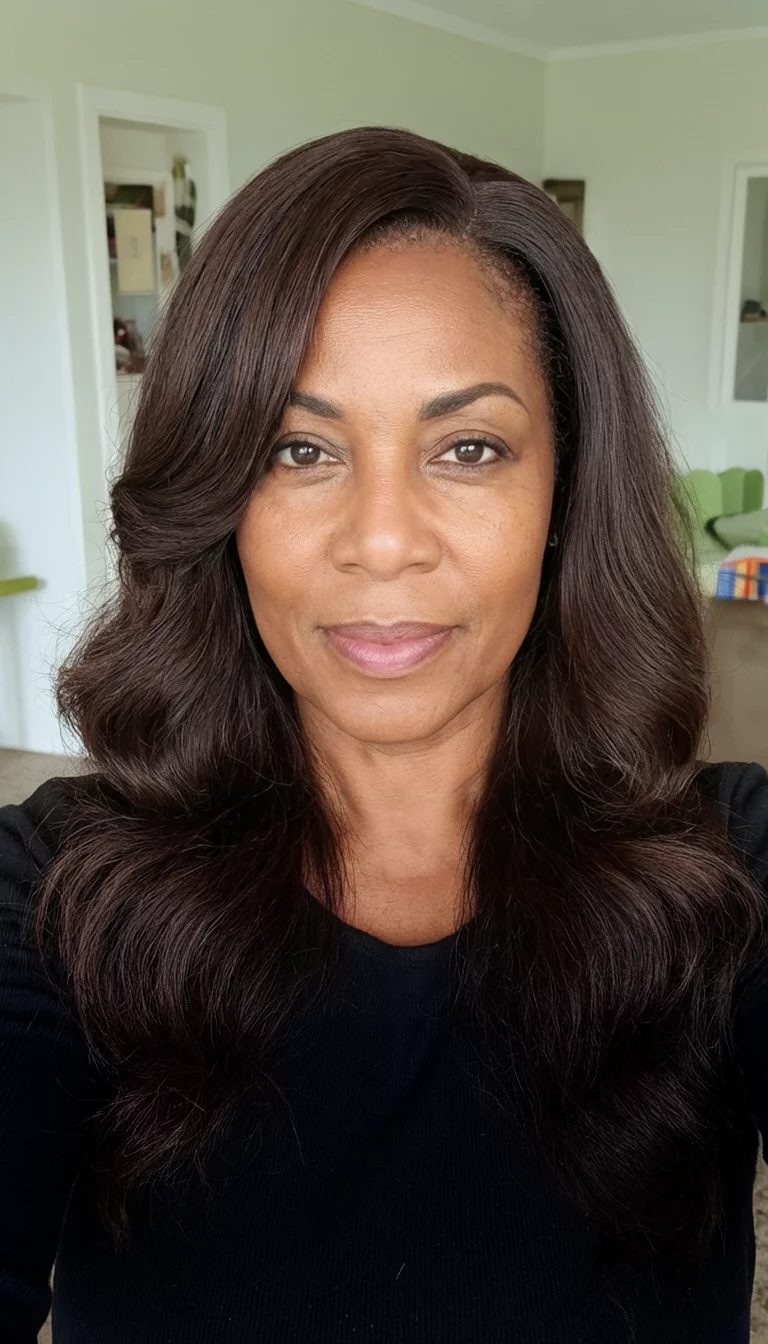 selfie of a 49-year-old black woman wearing a black top with a dark brown colored long voluminous hair with deep side part hairstyle, front view, indoor background