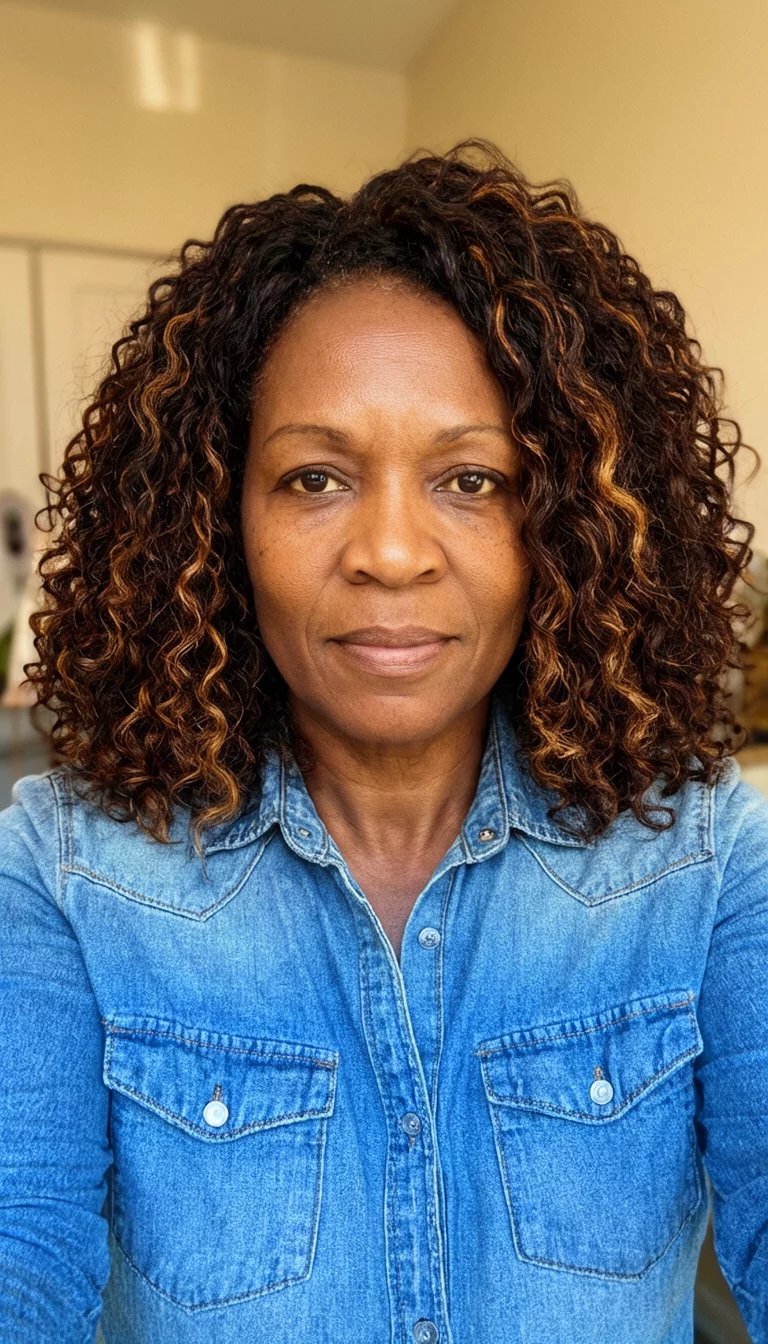 selfie of a 45-year-old black woman wearing a denim shirt with a dark brown curly hair with highlights colored hairstyle, front view, indoor background