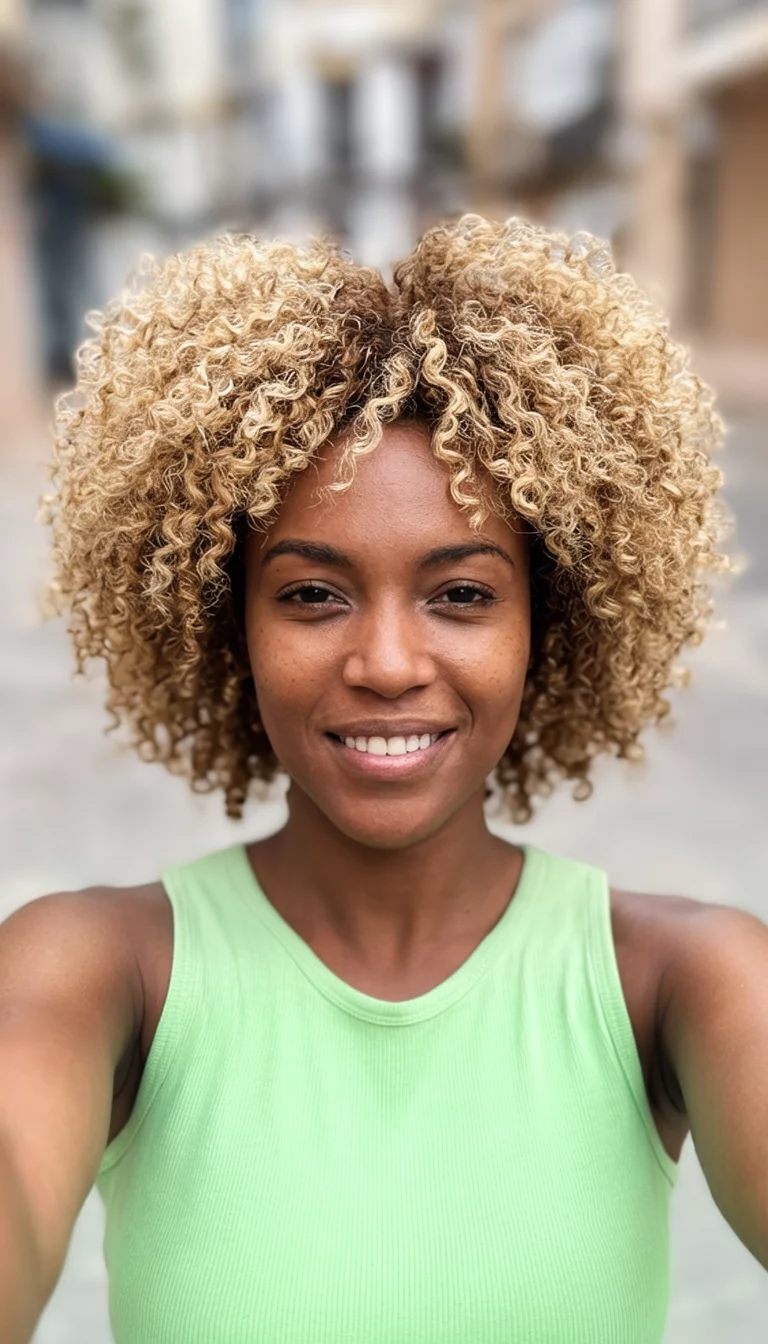 selfie of a 26-year-old black woman wearing a light green sleeveless top with a blonde-highlighted colored curly afro hairstyle, front view, blurred background