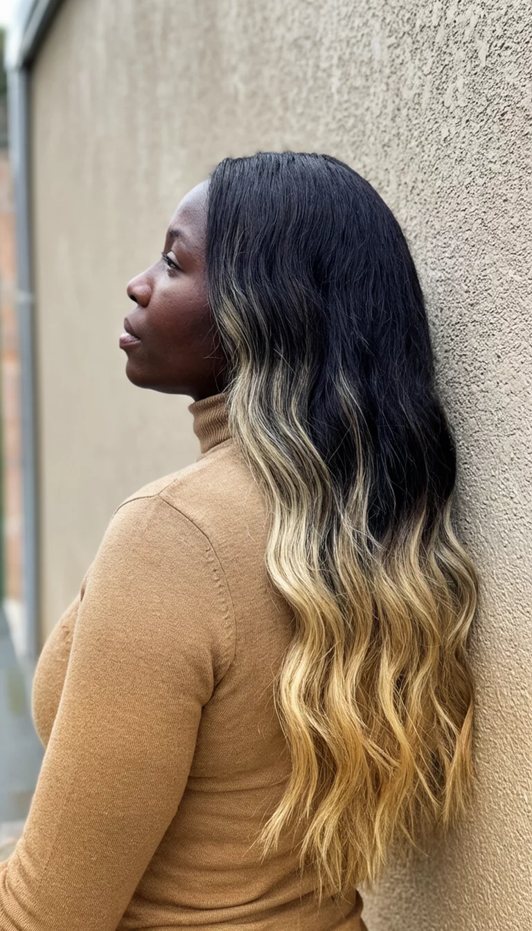casual photo of a 38-year-old black woman wearing a tan turtleneck with a dark to blonde colored long wavy ombre hairstyle, side view, leaning against a wall background