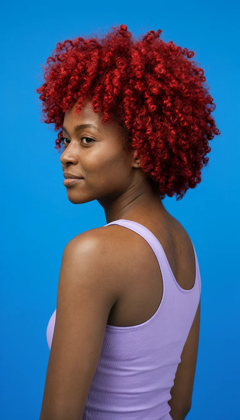 casual photo of a 27-year-old black woman wearing a light purple tank top with a red colored voluminous curly hairstyle, ¾ profile, solid blue background