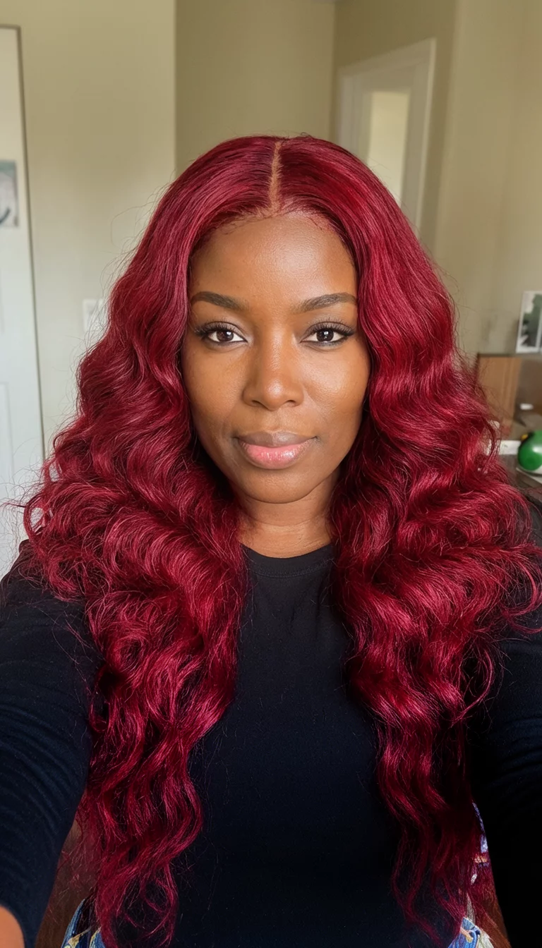 selfie of a 30-year-old black woman wearing a black top with a deep red colored long voluminous wavy hairstyle, front view, indoor background