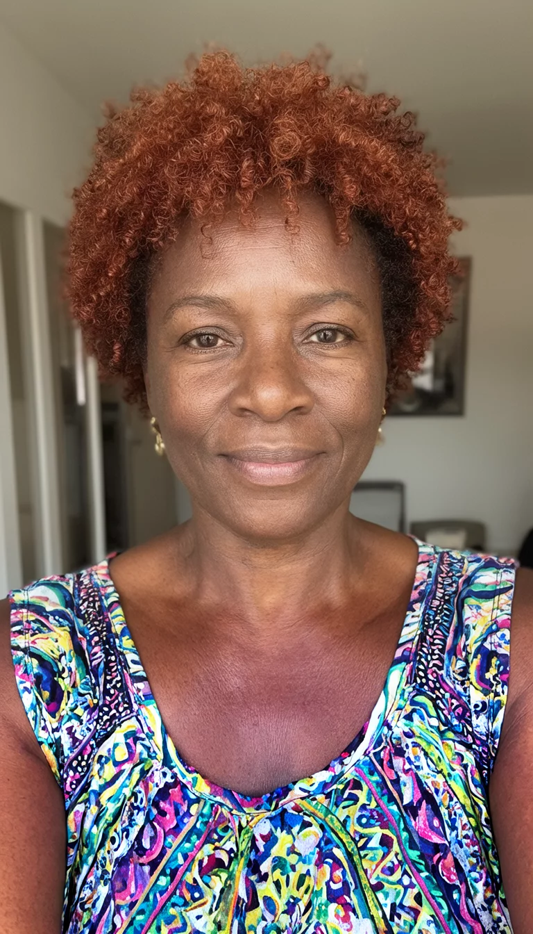 selfie of a 34-year-old black woman wearing a colorful top with a reddish-brown colored short curly hairstyle, front view, indoor background
