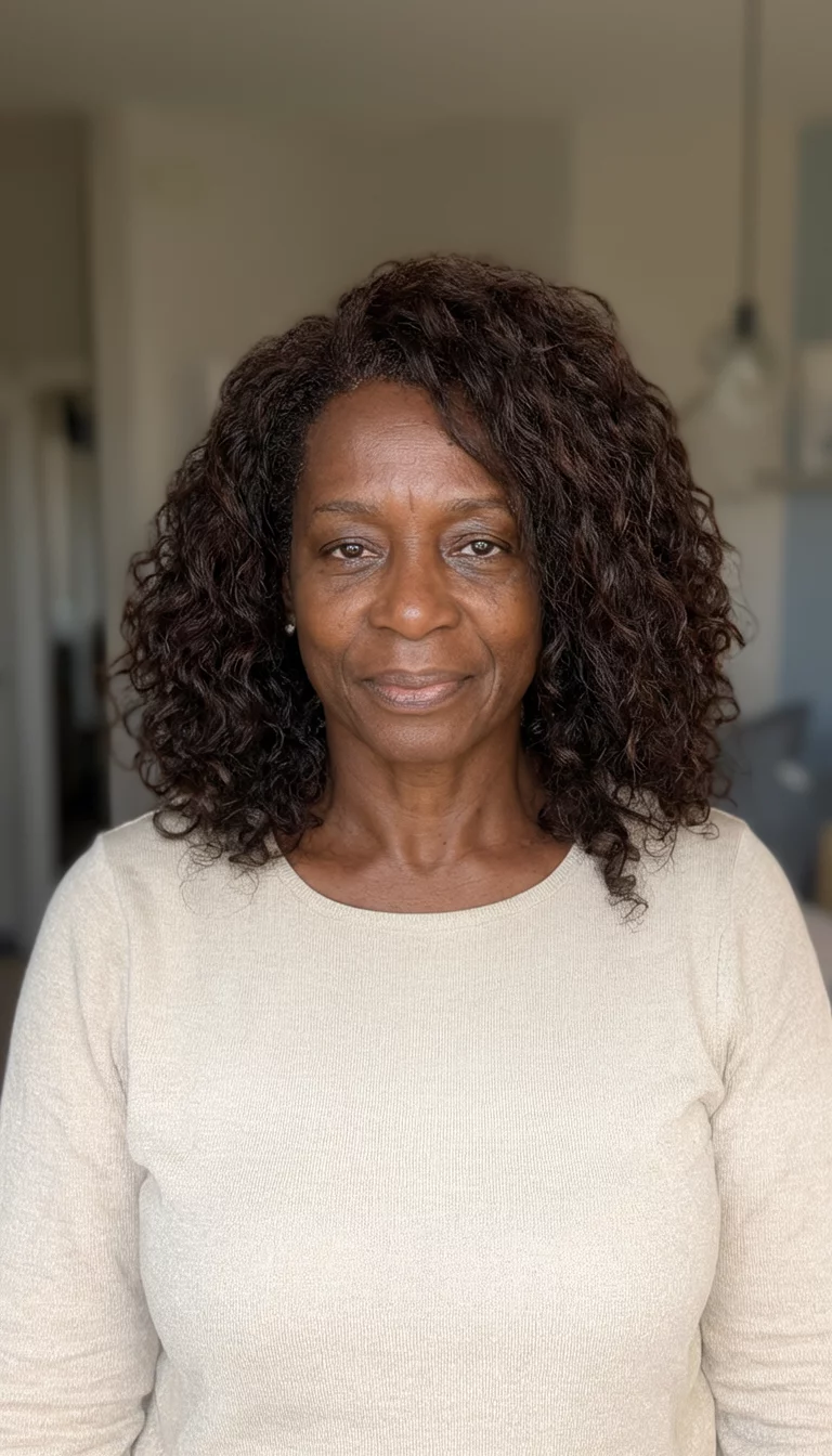 casual photo of a 47-year-old black woman wearing a neutral top with a dark brown colored various hairstyles, front view, indoor background