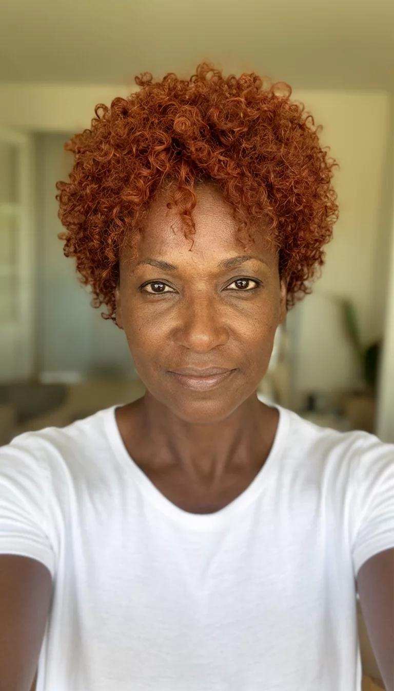 selfie of a 36-year-old black woman wearing a white top with a reddish-brown colored short curly hairstyle, front view, indoor background