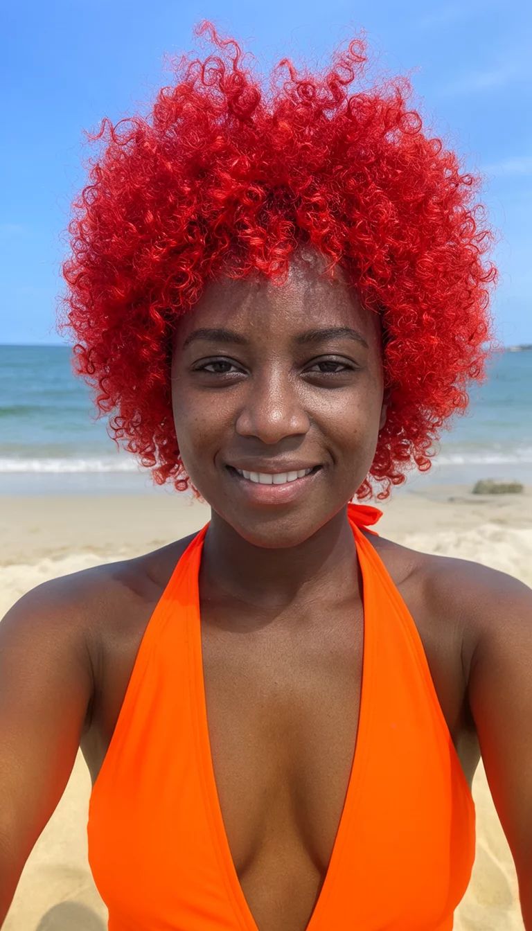 selfie of a 21-year-old black woman wearing an orange swimsuit with a bright red colored curly afro hairstyle, front view, beach background
