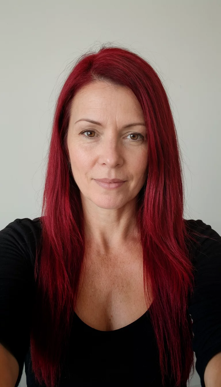 Deep Garnet Flow selfie of a 37-year-old woman wearing a black top with a deep red colored long, side-parted hair hairstyle, front view, neutral backdrop