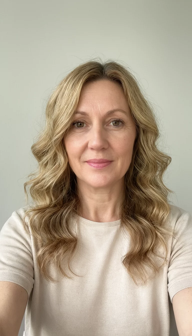 Honey Glaze Waves selfie of a 36-year-old woman wearing a light top with a honey-blonde colored wavy hairstyle, front view, neutral backdrop