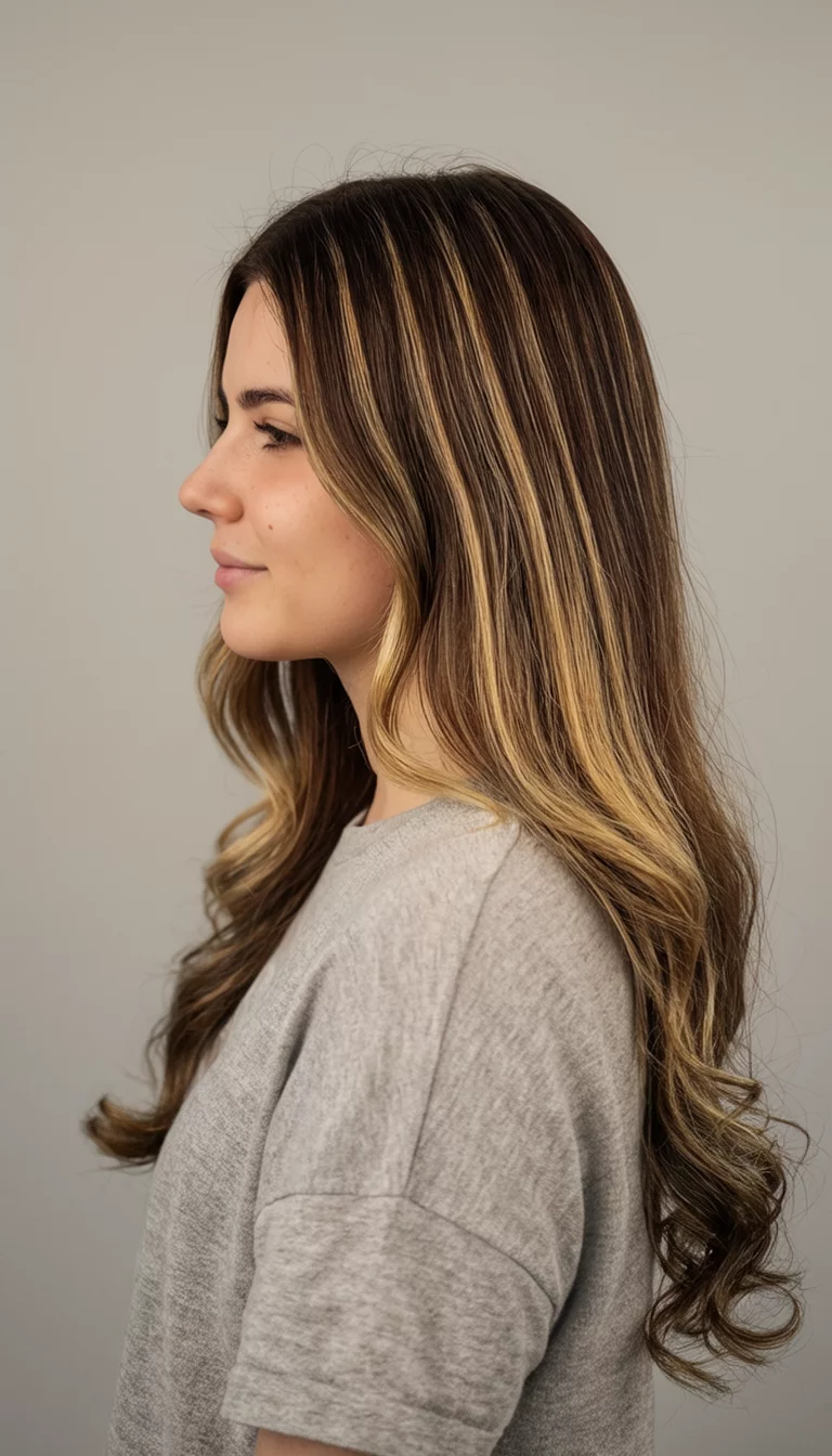 Sandy Beige Curls casual photo of a 22-year-old woman wearing a casual top with a straight brown hair with blonde highlights colored long hairstyle with curled ends, side view, neutral backdrop