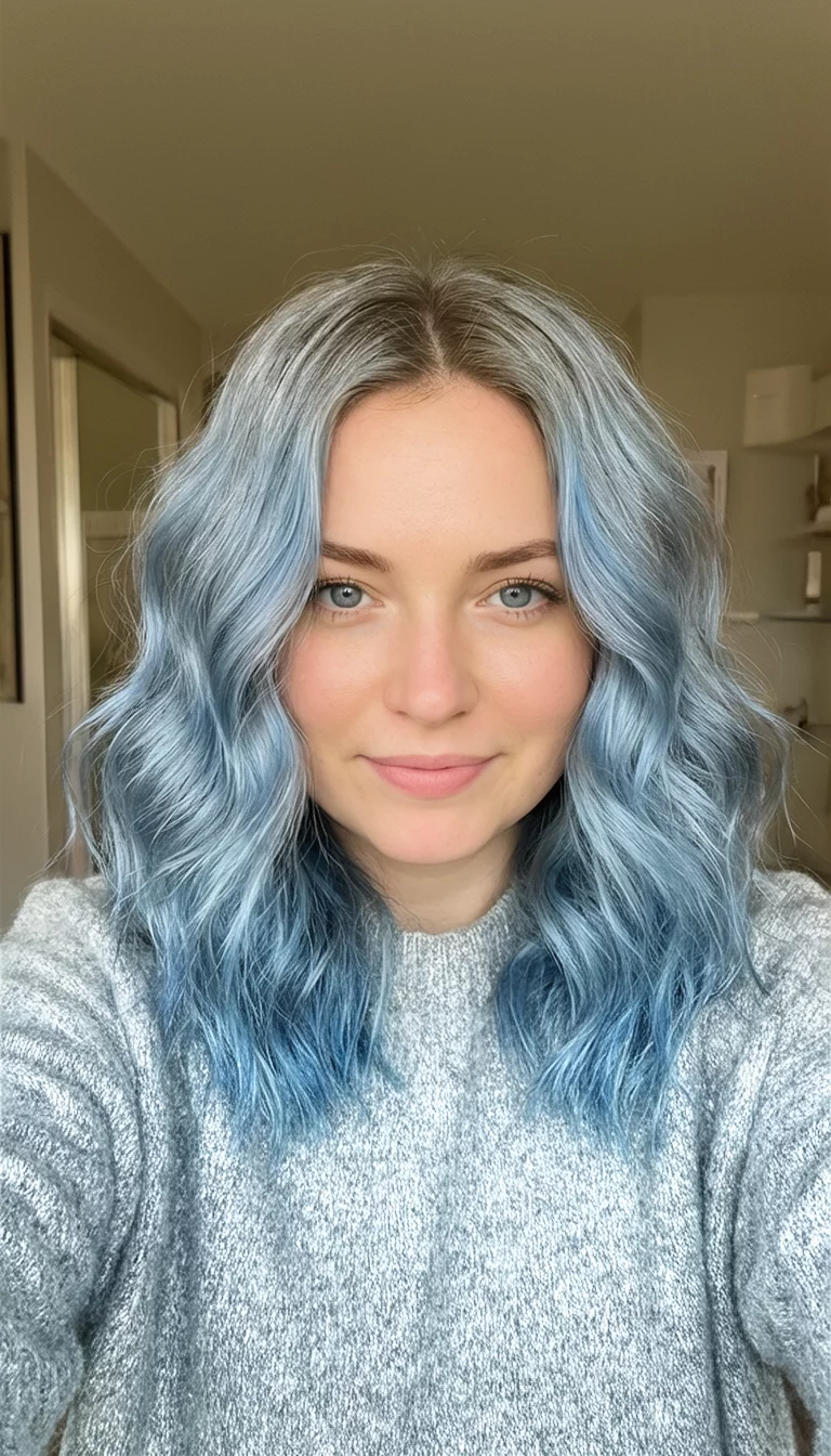 Lunar Silver Gradient selfie of a 24-year-old woman wearing a soft sweater with a silver to light blue colored wavy, shoulder-length hairstyle, front view, indoor background