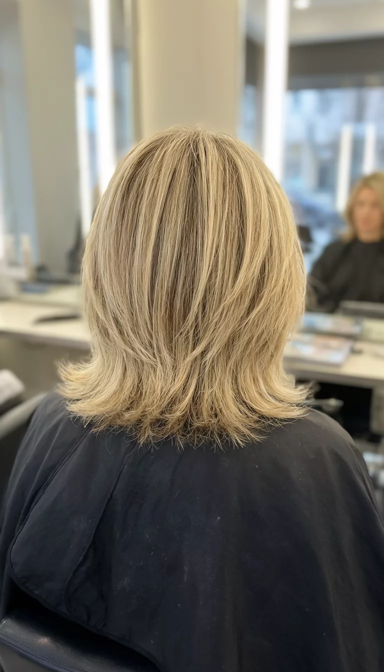 Icy Vanilla Layered Cut casual photo of a 29-year-old woman wearing a salon cape with a blonde colored layered, mid-length hairstyle, back view, salon setting